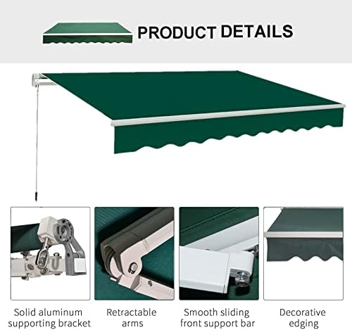 NAIMP Green DIY Manual Patio Awning, Retractable Gazebo Outdoor Canopy, Garden Sun Shade Shelter Canopy Gazebo with Hand Crank, Anti-UV and Waterproof Retractable Manual Awning, 3m x 2.5m