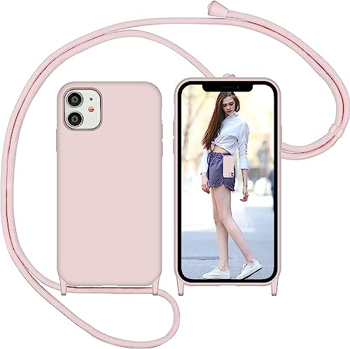 Nupcknn Funda Silicona con Cuerda para iPhone 12/iPhone 12 Pro, Carcasa Suave Silicona Case con Correa Colgante Ajustable Collar Correa de Cuello Cadena Cordón（Oro Rosa, 6.1'）