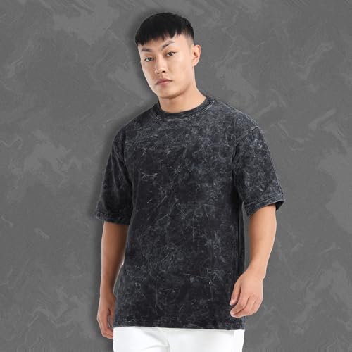 Image of fanideaz Mens 240 GSM Heavy Cotton Acid Wash Oversize T-Shirt Half Sleeve Round Neck Drop Shoulder Oversize Fit
