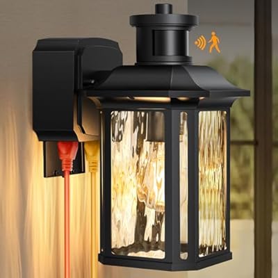 OYKYOHEI Porch Lights with GFCI Outlet, Dusk to Dawn Motion Sensor Outdoor Lights with E26 Sockets & Glass Shades, Waterproof Anti-Rust Sconce Light, Outside Wall Lamps for House, Black