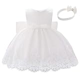 Lito Angels Robe Demoiselle d'honneur avec Bandeau pour Bebe Fille, Robe en Dentelle pour Ceremonie Mariage Bapteme, Taille 12-18 Mois, Blanc