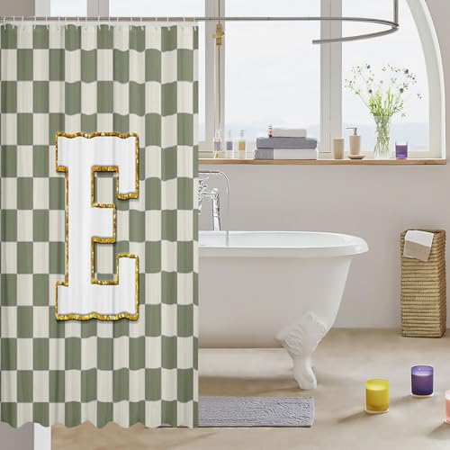 Image of Erosebridal Sage Green Checkered Bathroom Curtain Plaid Initial E Shower Curtain 72 inch Wx78 L Personalized Monogram Bathroom Accessories for Kids Adults,Fashion Grids Gingham Shower Decor