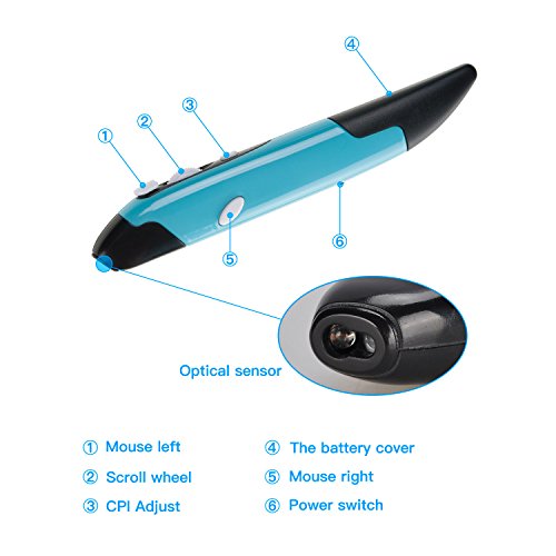 lychee Wireless Optical Pocket Pen Mouse, 2.4GHZ USB Wireless Optical Pen Mouse 800/1200/1600 DPI Adjustable Handwriting Mini Mice for PC Laptop Notebook Computer Mac (Blue)