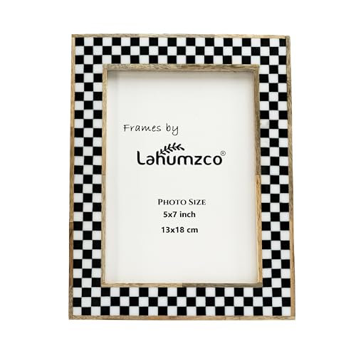 Lahumzco 5x7 Handmade Photo Frame – Black & White Checkered Wood Pattern, Vintage Rustic Style, Tabletop/Wall Decor, Decorative Gift Boho Picture Frame for Farmhouse & Office