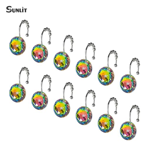 Sunlit Luxury Design Glitter Round Colorful Diamond Crystal Gem Bling with Glide Balls Shower Curtain Hooks, Rust Proof Metal Rhinestones Glam Shower Curtain Rings-12 Pack - Thumbnail 3