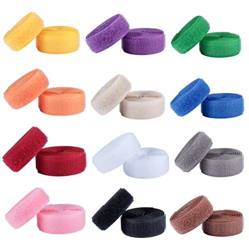 IHKFILAN Sew On Hook and Loop Tape Fastening Nylon Fabric Tape for DIY Craft Interlocking Tape Sewing Fasteners (20 mm in Width, 1 Yard Hook + 1 Yard Loop), 12 Colors 24 Yards