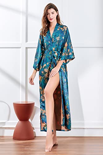 Image of BABEYOND Women's Kimono Robe Long Satin Silky Floral Lightweight Bridesmaid Wedding Bachelorette Party Robe