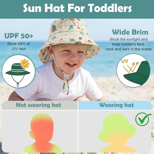 Image of SNOWIE SOFT Dinosaur Bucket Hat Sun Cap for Baby Boy 1-3 Years with Chain Strap, UPF 50+ Sun Protection Baby Cap for Kids Wide Brim Beach Hat Cute Summer Caps for Baby Boy