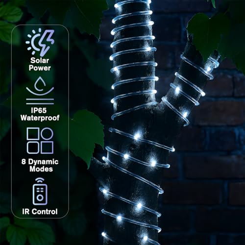 ANJAYLIA 66FT 200 LED Solar Rope Lights Outdoor Waterproof, Solar Powered Rope String Lights with 8 Modes & Timer Remote, for Outdoor, Patio, Garden, Camping, Holiday & Christmas Décor Cool White by ANJAYLIA - Image 2