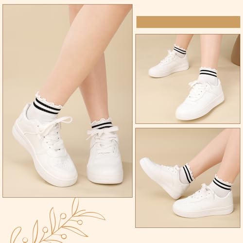 Image of Jspupifip 6 Pairs White Frilly Socks Women Striped Ruffle Socks Woman Cotton Cute White Ankle Socks Breathable Casual Crew Socks for Womens Ladies Girls