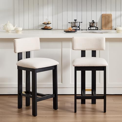 Image of BESTANO 26 inch Counter Stools Set of 2 Counter Height Bar Stools with Back and Black Solid Wood Legs Modern Farmhouse Linen Upholstered Kitchen Bar Stools Countertop Bar Chairs, Beige