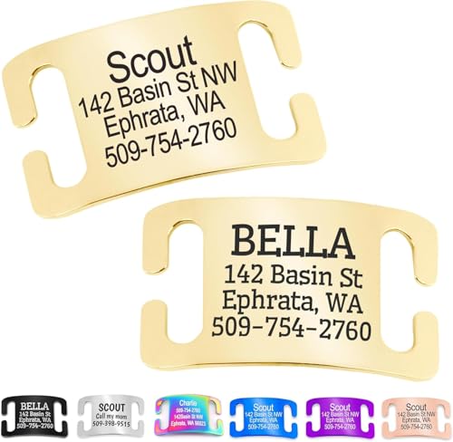 GoTags Slide-On Pet ID Tag, Curved Personalized Dog and Cat, Silent, No Noise Stainless Steel, Custom Engraved in 4 Sizes for Large and Small Pets, Gold