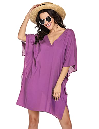 Ekouaer Coverup Dress For Womens Swimwear V-Neck Bikini Beachwear Ruffle Hem Swimsuit Cover-Ups,Rose Viole,X-Large #TOP22