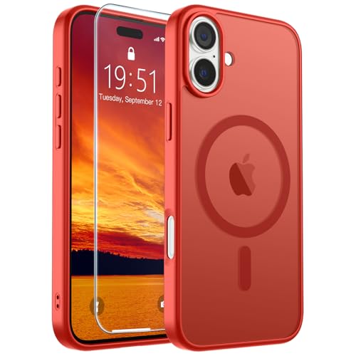 Image of SUPFINE Magnetic for iPhone 16 Case (Compatible with MagSafe) (Military Grade Drop Protection) Slim Translucent Matte Shockproof Phone Cover,Red