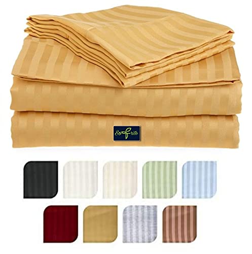 Image of Sofrito Bed Sheet Glace Cotton Striped - 300 TC - Super King (108 inchx108 inch) - with 2 Pillow Cover | Ideal for Hospitals, Clinics, Hostels, PGs, Hotels & Guest Houses | Gold