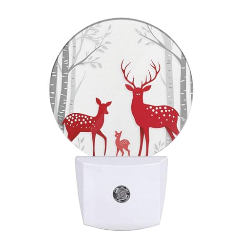 Image of Deer Plug in Night Light Red Christmas Deer Birch Tree Winter Trunk Antler Wildlife Xmas Plug-in Nightlight Auto Sensor LED for Boys Girls Men Women Bedroom Bathroom Decor, LEDLAMP3009