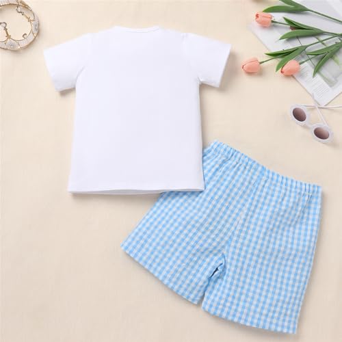 Image of OBEEII Back to School Outfit Toddler Boy Short Sleeve Graphic Shirt Gingham Shorts First Day of School Summer Clothing Set