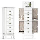 DREAMADE Jewelry Armoire, Standing Jewelry Box with Mirror, 7 Drawers, Flip Top Organizer, 2 Side Doors & Anti-Toppling Device, Large Wooden Jewelry Cabinet for Bedroom (White)