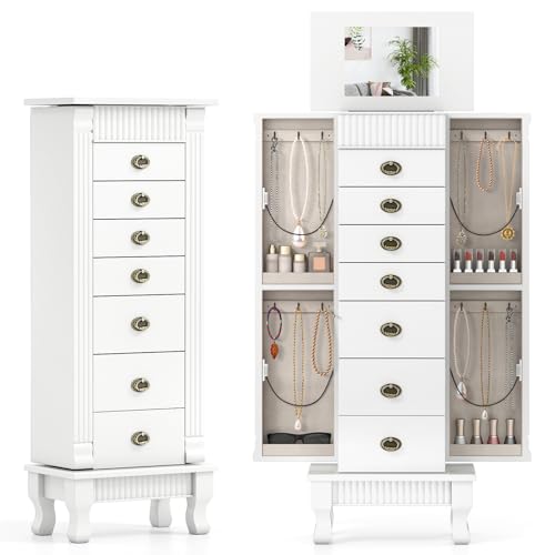 DREAMADE Jewelry Armoire, Standing Jewelry Box w/Mirror & 7 Drawers, White