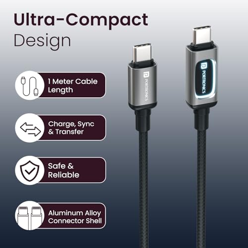 Image of Portronics 100W Konnect Halo Type C to Type C Cable with LED Light Indicator, Strong Braided Cable, PD Fast Charging, Data Sync, 1 Meter Tangle Free Wire, Compatible with all C-Type Enabled Devices