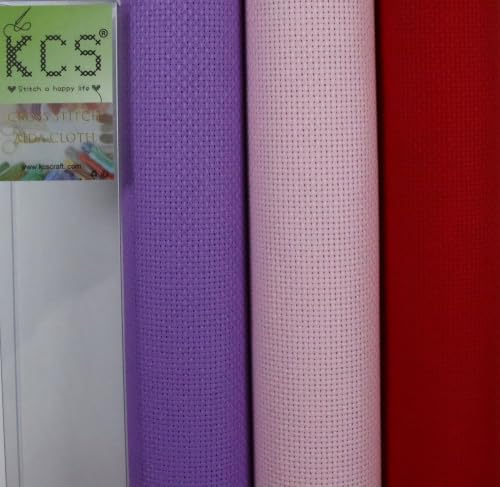 Image of KCS 3 pc of 15 inch x 18 inch(38cmx45cm) Counted Cross Stitch Cotton Aida Cloth Needlework Rolled Fabric Box,14CT,Lavender+Pink+Red