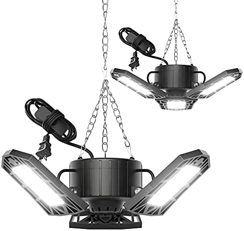 FREELICHT 2 Pack Plug in Garage Lights, Deformable LED Shop Light with 3 Adjustable Panels, 60W 6000LM 6500K, Linkable Garage Ceiling Light Fixtures, for Garage, Basement (Built-in ON/Off Switch)