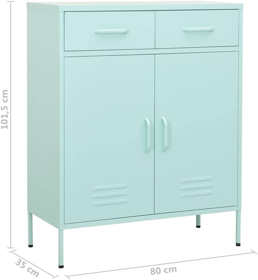 vidaXL Steel Storage Cabinet, Versatile Organizer with 2 Doors, 2 Fully Extendable Drawers with 3 Sections ballbearing Runners, Adjustable Shelf - Mint