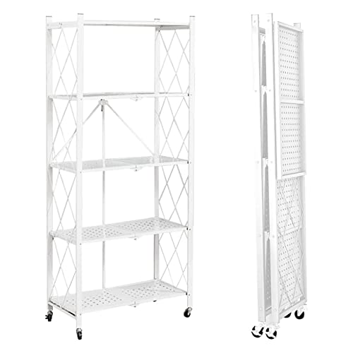E-WIN 折りたたみラック [届いてすぐ使える] [キャスター取付だけの簡単組立] 固定脚付属 本棚 キッチンラック ランドリー 省スペース スリムスチールラック X-5-WH [メーカー保証1年] 5段 ホワイト