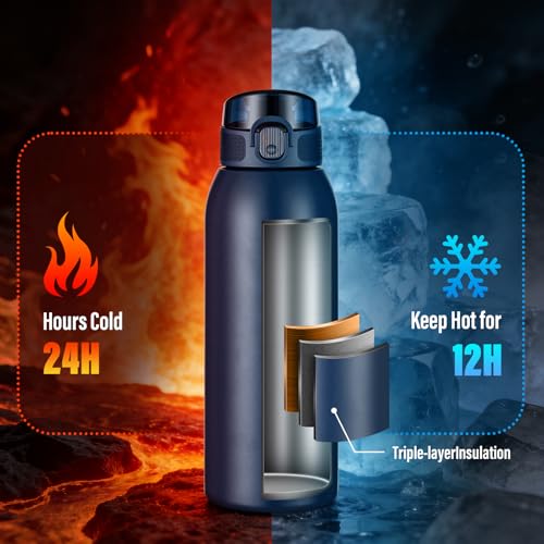 Image of Insulated Water Bottle 24 oz with Dustproof Lid, Carry Handle & Tea Infuser, BPA-Free & Leakproof, Stainless Steel Water Bottles Ideal for Fitness, Hiking, Office & Outdoor Use (Dark Blue)
