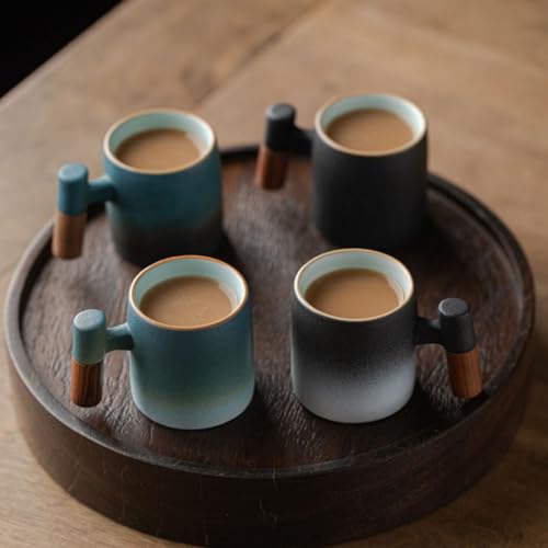 Dicmracy 2-Oz Ceramic Espresso Cups with Wood Handle, 2/4-Piece Set for Coffee, Tea, Latte - Dishwasher Safe, Multi-Color & Wood Styles, Gift & Café Use (blue black, Wooden Handle4) by Dicmracy - Image 4