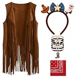 ZZIHAN Kids Cowgirl Cowboy Costume for Girls 11-12 — Western Outfit Accessories Set with Fringed Vest,Headband, Beaded Bracelet & Red Bandana, Ideal for Halloween,Career Day,Birthday&Dress-Up Party