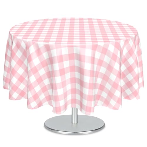 Image of Mulbozy 2 Pcs Pink Gingham Round Plastic Tablecloth Disposable, 84 inch