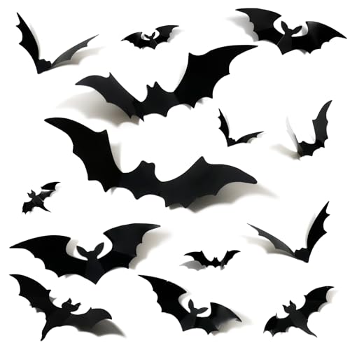 SLWOO Halloween Deko - 96 Stück Halloween 3D Fledermaus Fensterbilder Selbstklebend, 8 Größen, Wasserdicht, PVC, Horror Fensterdeko Aufkleber für Zimmer Spukhaus DIY Party Dekorations