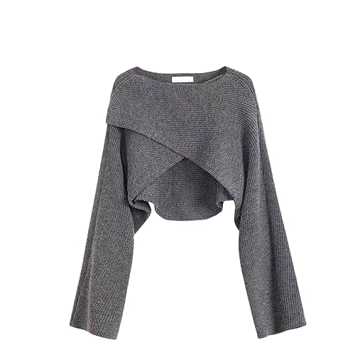 Rfmfkkg Women's Irregular Short Knitted Sweater Round Neck Long Sleeve Solid Color Top Gray top S 40-50KG