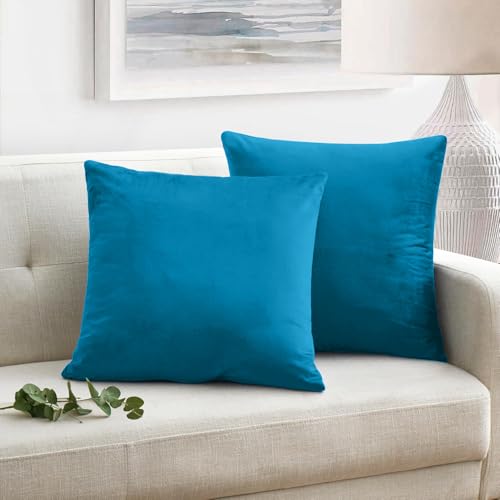 Oxford Homeware Turquoise Velvet Cushion Covers 45 x 45 cm (Pack of 2) Square Throw Pillow Cases Decorative Sofa Cushion Covers for Bedroom Couch Car with Invisible Zipper (18 x 18 Inch)