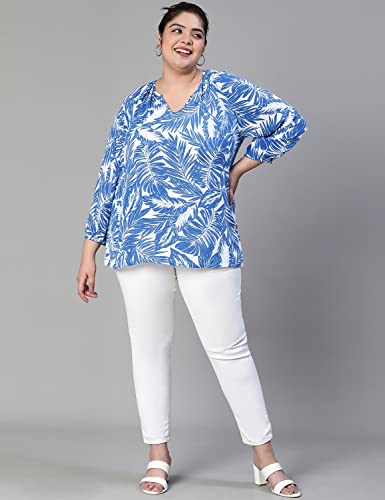 Image of oxolloxo Women Plus Size Tropical Print V-Neck Button Tab Sleeve Blue Top