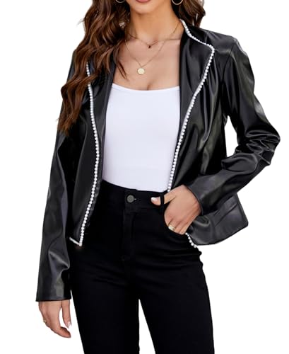 Kedera Women's Faux PU Leather Lapel Neck Long Sleeve Cropped Jacket Slim Motorcycle Vintage Moto Biker Coat