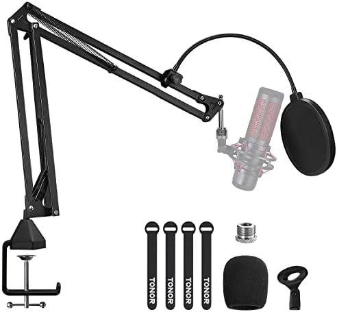 Microphone Arm Stand, TONOR Adjustable Suspension Boom Scissor Mic Stand with Pop Filter, 3/8" to 5/8" Adapter, Mic Clip, Upgraded Heavy Duty Clamp for Hyperx Blue Yeti Rode Elgato etc. Mics (T20)