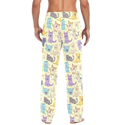 Men's Cute Cat Pajama Pants with Pockets - Straight Fit Cotton Sleep Bottoms for Lounge & Nightwear#7183