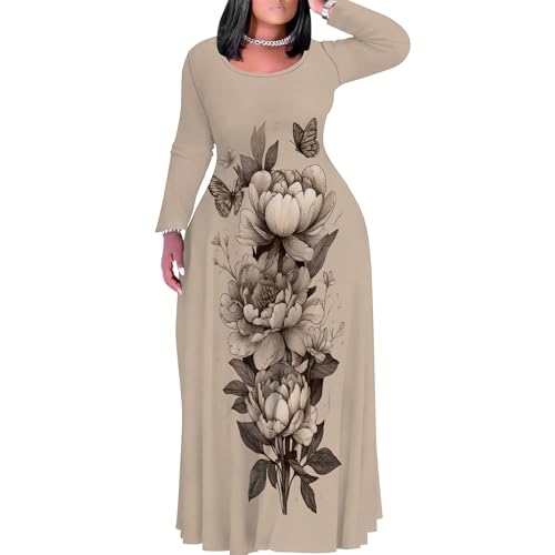 Image of PinkPatty Plus Size Maxi Dress for Curvy Women Crew Neck Long Sleeves Casual Dress Vacation Sundresses with Pockets
