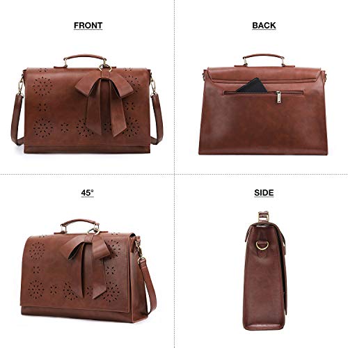 ECOSUSI Women's Briefcase Vegan Leather 15.6 inch Laptop Bag for Work Computer Shoulder Satchel Bag with Detachable Bow, Coffee