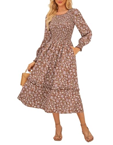 Kate Kasin Damen Freizeit Rundhalsausschnitt Elastische Hohetaille Laternenärmel Blumenkleid Braun L