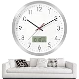 12 Inch Silent Wall Clock with LCD Display Dual Battery Operated Analog & Digital Non-Ticking Modern Clock with Switchable Date, Time & Day of the Week Temp for Living Room, Bedroom, Office, Kitchen
