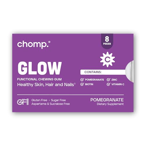 Chomp Gums - Glow - Beauty Gum (1 Pack) - Healthy Chewing Gum - Pomanox + Biotin + Zinc - Supports Healthy Skin, Hair, & Nails - Pomegranate Flavor - Gluten & Sugar Free - Aspartame & Sucralose Free