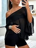 HAWILAND Chifonowy Poncho dla Kobiet, Seksowna Bluzka z Odkrytymi Ramionami, Siatkowany Top, Elegancka Przezroczysta Szata na Festiwal lub Rave Party, czarny, S