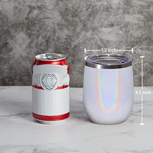 Meway 12Oz/8 Pack Wine Tumbler Glasses With Lid - Stemless Double Wall Vacuum Stainless Steel Glitter Tumbler - Keeping Cold & Hot Cup For Coffee,Gift For Women(Rainbow White,Set Of 8) #TOP1