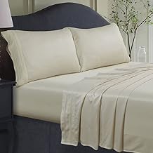 Tribeca Living Sateen Weave Twin XL Size Set - 100% Rayon from Bamboo with 300 Thread Count - Cooling Deep Pocket Fitted Sheet for Mattresses Up to 21 Inches in Ivory