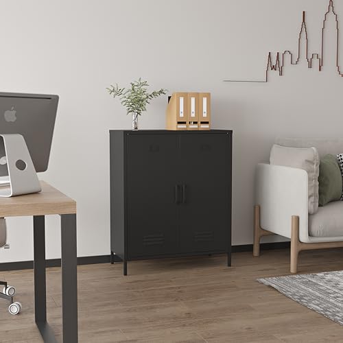 Elitehouse Black Metal Storage Cabinet,2 Door Metal Locker with 2 Adjustable Shelves,3 Tier Office Storage Cabinet,Multipurpose Metal Sideboard for Office Home Kitchen and Coffee Bar - Thumbnail 7