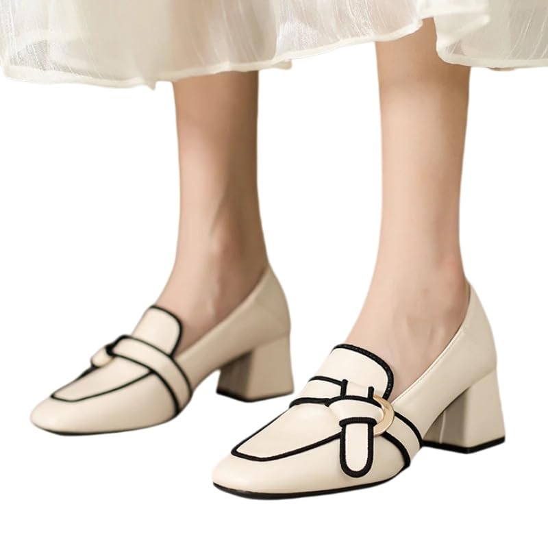 Scarpe Tacco Donna,Stile retrò, Testa Quadrata, Tacchi Spessi, Pelle Morbida