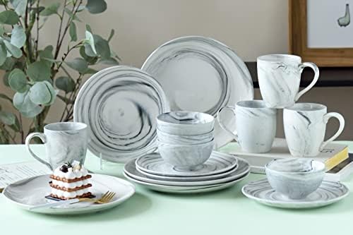 16 Piece Marble Dishes Dinnerware Sets, Marble Porcelain Dinnerware Set, Grey (4×Dinner Plates, 4×Dessert Plates, 4×Bowls, 4×Mugs)